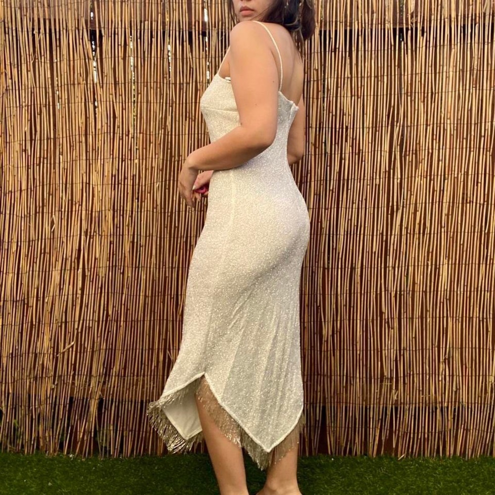 vintage white and gold beaded shimmery fringe dress